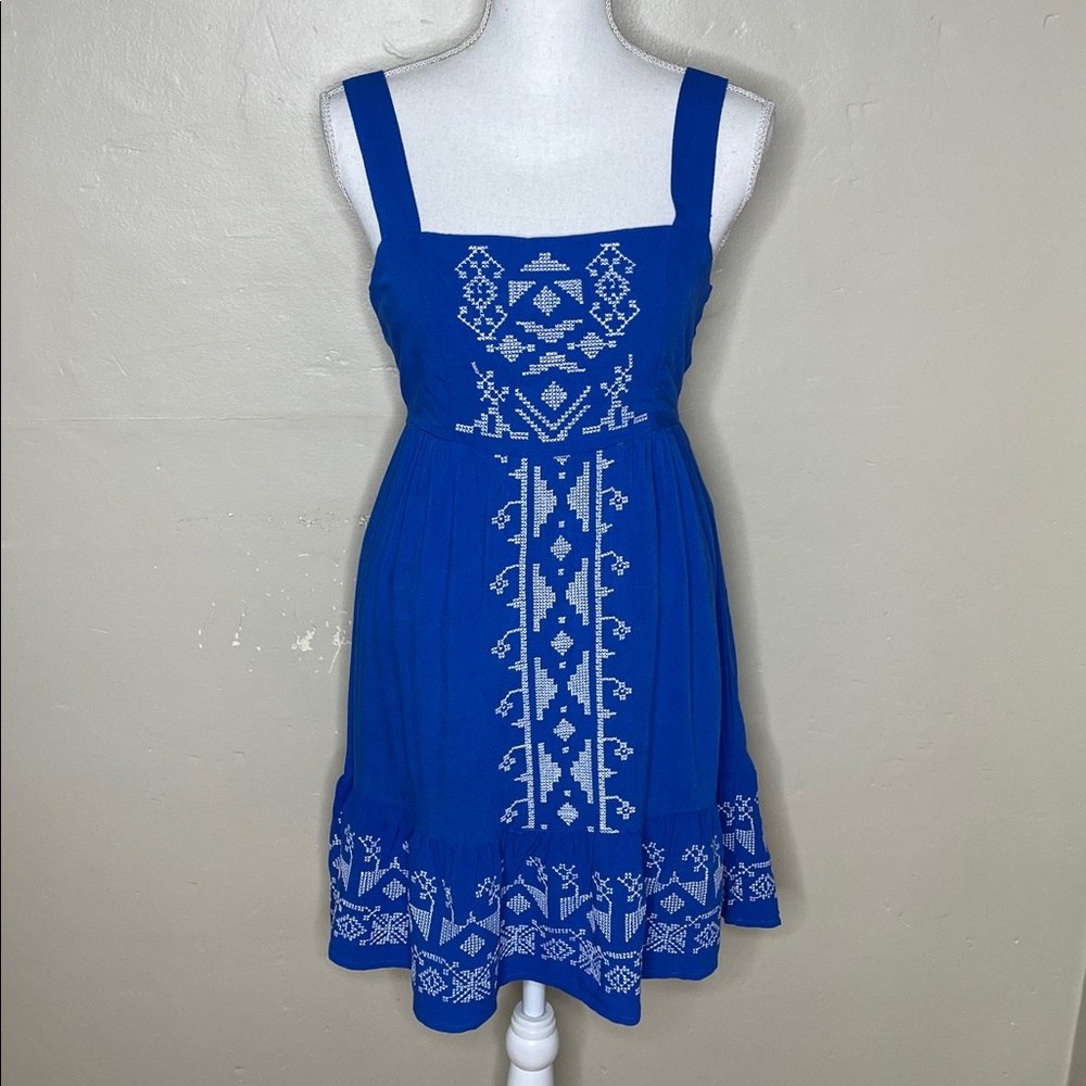 REWIND Blue Sundress Mini Skater BOHO Cross Stitch Detailing Ruffle Hem NWT Sm